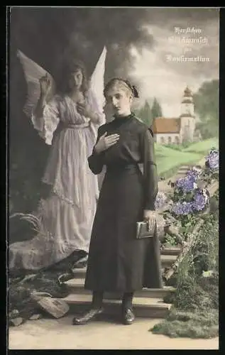 AK Engel wacht über eine junge Frau am Tage ihrer Konfirmation mit Bibel in der Hand