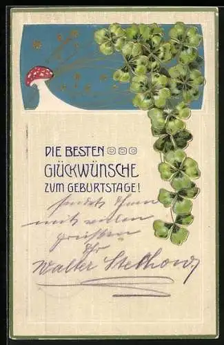 Präge-AK Glückwunsch zum Geburtstag, Kleeblätter und Fliegenpilz