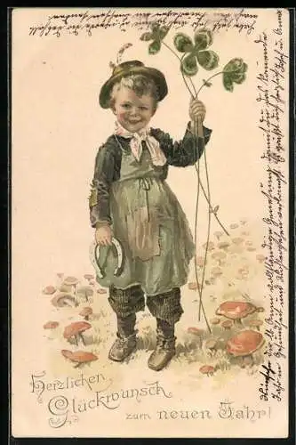 Künstler-AK Neujahr, Junge mit Hufeisen und Klee