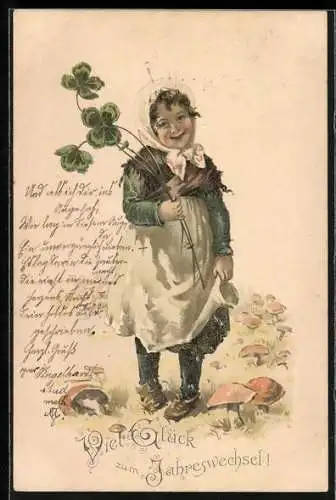 Künstler-AK Neujahrsgruss, Bäuerliches Mädchen mit Klee in der Hand