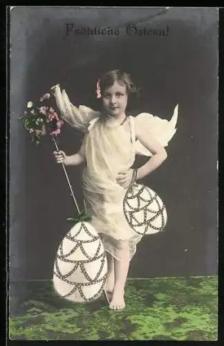 AK Kleiner Osterengel mit Bischofsstab und Blumen
