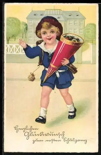 AK Kleiner Junge im Matrosenanzug mit Schultüte, Schulanfang