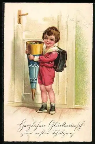 Künstler-AK Glückwünsche zum Schulanfang, Junge mit Schultüte