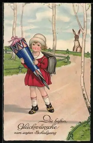 AK Schulanfang, ABC-Schützin mit Zuckertüte