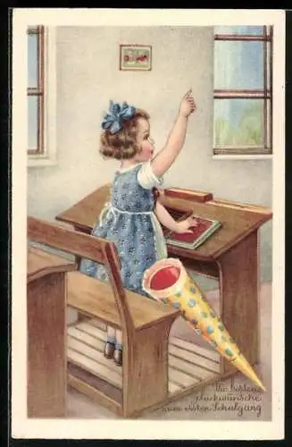 AK Mädchen mit Schultüte an einem Pult, Glückwunsch zum Schulanfang