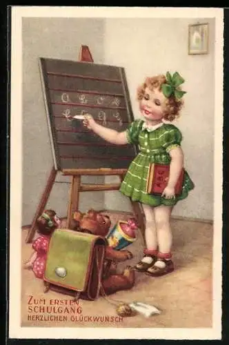 AK Mädchen schreibt auf einer Tafel, Glückwunsch zum Schulanfang