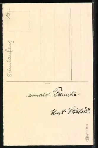 AK Mädchen schreibt auf einer Tafel, Glückwunsch zum Schulanfang