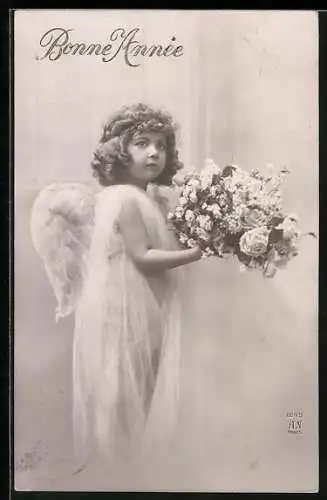 AK Bonne Année, Kleiner Neujahrsengel mit Blumenstrauss