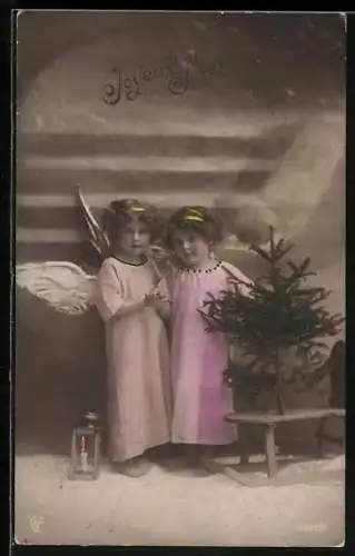 AK Joyeux Noel, Zwei Weihnachtsengel mit Schlitten und Laterne
