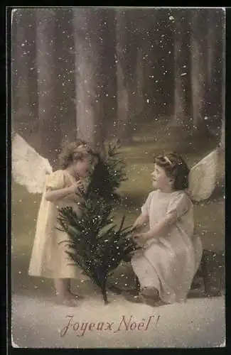 AK Joyeux Noel, Zwei Weihnachtsengel im Winterwald