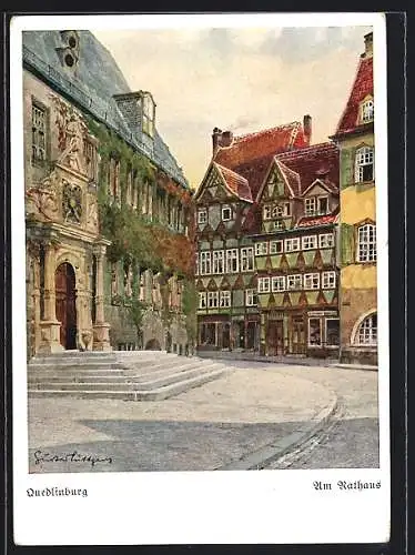 Künstler-AK Quedlinburg, Am Rathaus vom Platz aus