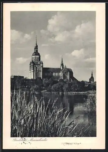 AK Stralsund, Marienkirche mit Flusspartie