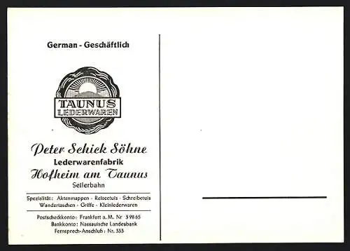 AK Hofheim am Taunus, Korrespondenzkarte von Lederwarenfabrik Taunus Lederwaren, Peter Schick Söhne