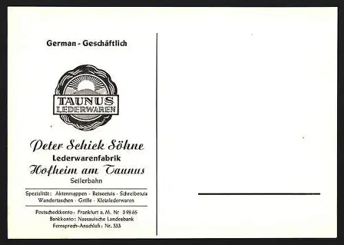 AK Hofheim am Taunus, Korrespondenzkarte von Lederwarenfabrik Taunus Lederwaren, Peter Schick Söhne