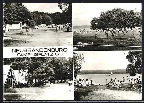 AK Neubrandenburg, Campingplatz C/8, Kinderspielplatz, Sport- und Spielplatz, Bungalows und Badestelle am Tollensesee