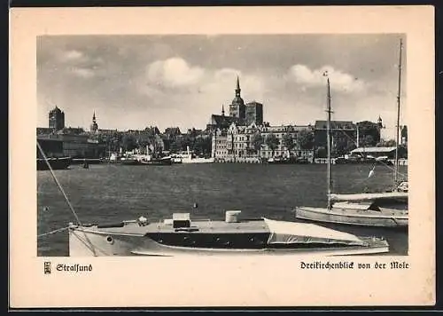 AK Stralsund, Kirchen von der Mole aus gesehen