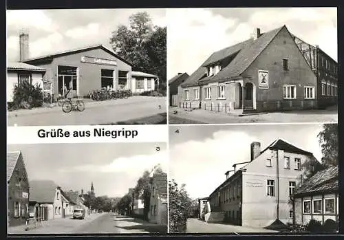 AK Niegripp /Burg, Einkaufszentrum, Café Zur Windmühle, Ortsmotiv, Polytechnische Oberschule Fritz Lesch