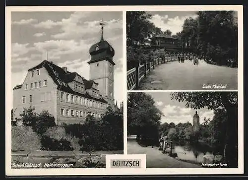 AK Delitzsch, Schloss Delitzsch, Heimatmuseum, Eisen-Moorbad und Hallescher Turm