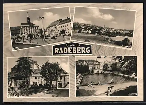 AK Radeberg, Markt, Teilansicht, Schloss Klippenstein und Stadtbad
