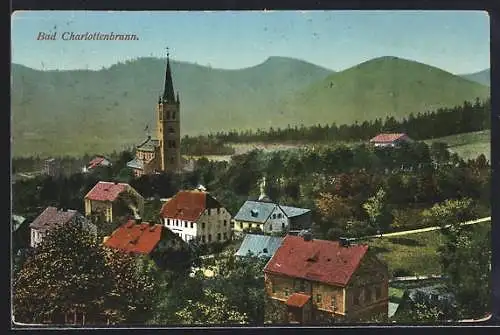 AK Bad Charlottenbrunn, Ortspartie mit Kirche