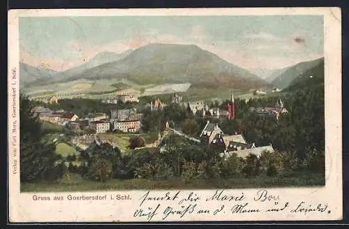 AK Görbersdorf i. Schl., Ortspartie mit Kirche