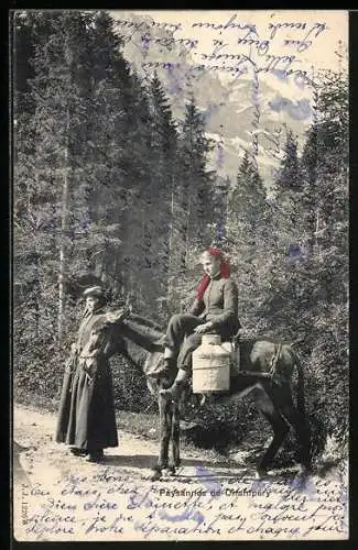 AK Paysannes de Champery, Zwei Frauen mit Milchkanne und Esel