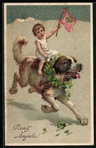 AK Kleines Kind auf dem Rücken eines Bernhardiners im Schnee, Neujahrsgruss