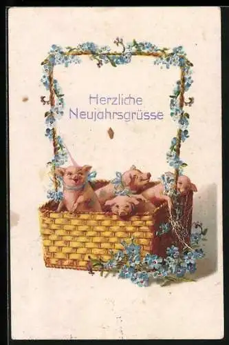 AK Spankorb mit Ferkeln, Vergissmeinnicht, Neujahrsgruss
