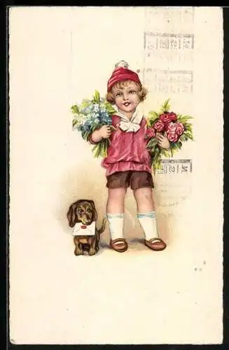 AK Kleine Gratulantin mit Blumen, Dackel mit Brief