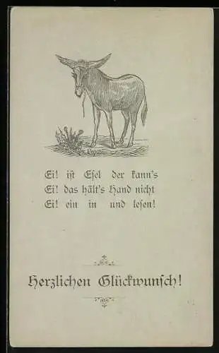 Lithographie Ei! ist Esel der kanns..., Esel mit Disteln, Glückwunschkarte