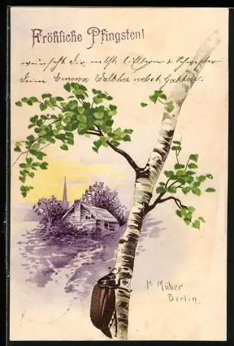 Lithographie Maikäfer am Birkenstamm vor einem Anwesen, Pfingstgruss