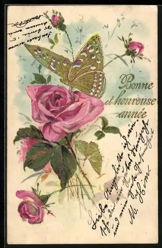 Präge-Lithographie Schmetterling auf der Blüte einer Rose