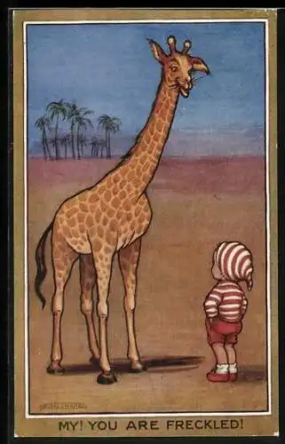AK Giraffe und Kind in gestreifter Kleidung
