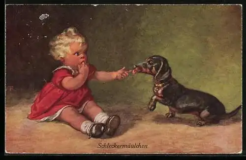 Künstler-AK Wally Fialkowska: Dackel schleckt süssem Mädchen den Finger ab