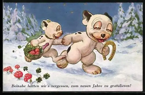 AK Bonzo mit Söhnchen als Neujahrsgratulanten