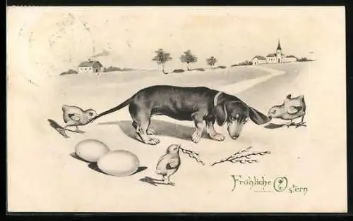 AK Dackel und freche Osterküken, Ostergruss