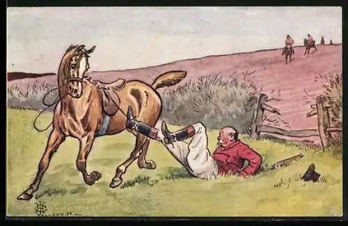 AK Reiter ist nach Zaunsprung vom Pferd gestürzt, Karikatur