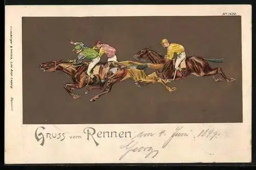 Lithographie Jockeys beim Galoppritt, Gruss vom Rennen