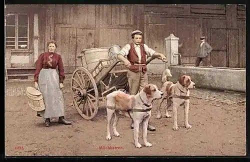 AK Paar mit Milchkarren vor einem Brunnen, Hundegespann