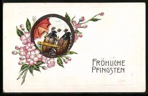 AK Maikäferpaar mit Schirm auf einer Bank, Blüten