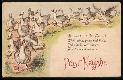 AK Fröhliche Gänsegruppe unterwegs, Neujahrsgruss