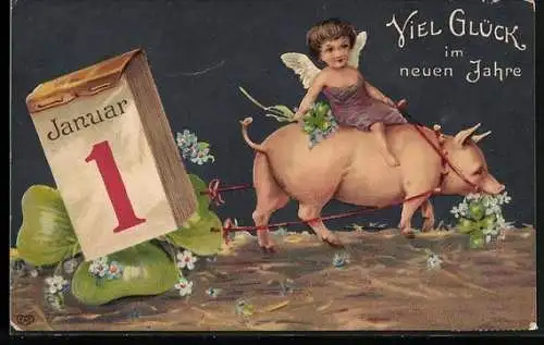 AK Neujahrsengel reitet auf einem Glücksschwein, Kalenderblatt, Kleeblatt