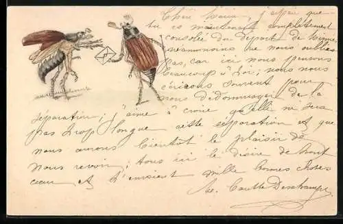 Präge-Lithographie Maikäfer übergibt einem Gefährten einen Brief