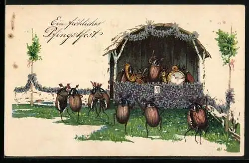 AK Maikäfer lauschen einem Konzert eines Maikäfer-Orchesters, Pfingstgruss