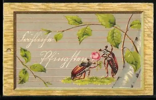 AK Kniender Maikäfer reicht Maikäferdame eine Rose, Pfingstgruss