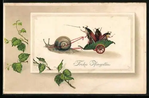 AK Pfingstgruss, Maikäfer fahren mit Weinbergschnecken-Gespann