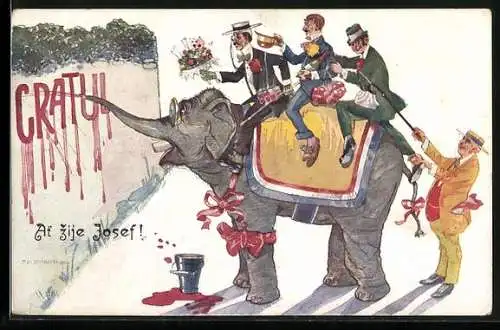 AK Herrengruppe auf schreibendem Elefant als Gratulanten