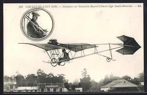 AK Circuit de L'est 1910, Audemars sur Demoiselle Bayard-Clement (type Santos-Dumont), Flugzeug