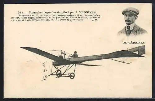 AK Pilot Védrines mit seinem Flugzeug Deperdussin
