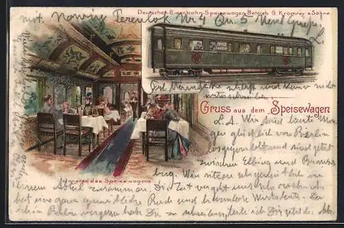 Lithographie Gruss aus dem Speisewagen, Deutscher Eisenbahn-Speisewagen-Betrieb G. Kromrey & Söhne